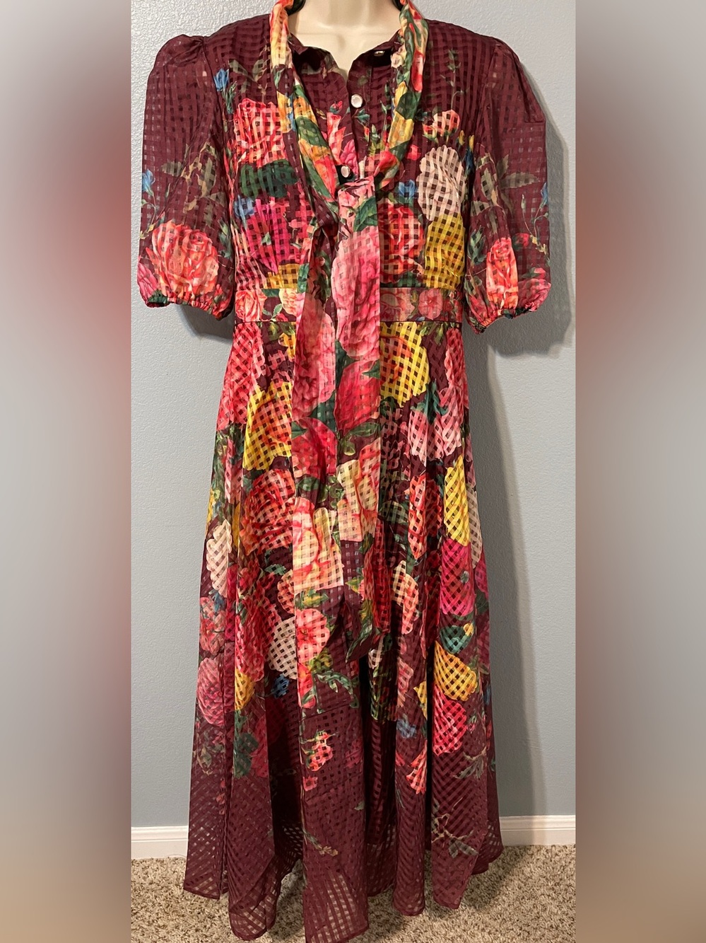Dalia MacPhee Floral Tie-Neck Maxi Dress Balloon Sleeve Cottagecore NWT Medium - Picture 1 of 11